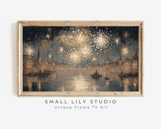 FRAME TV art Gold Fireworks over River, Samsung Frame TV art New Years Celebration, Vintage Style Painting for Party| TV1071