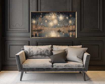FRAME TV art Gold Fireworks over River, Samsung Frame TV art New Years Celebration, Vintage Style Painting for Party| TV1071