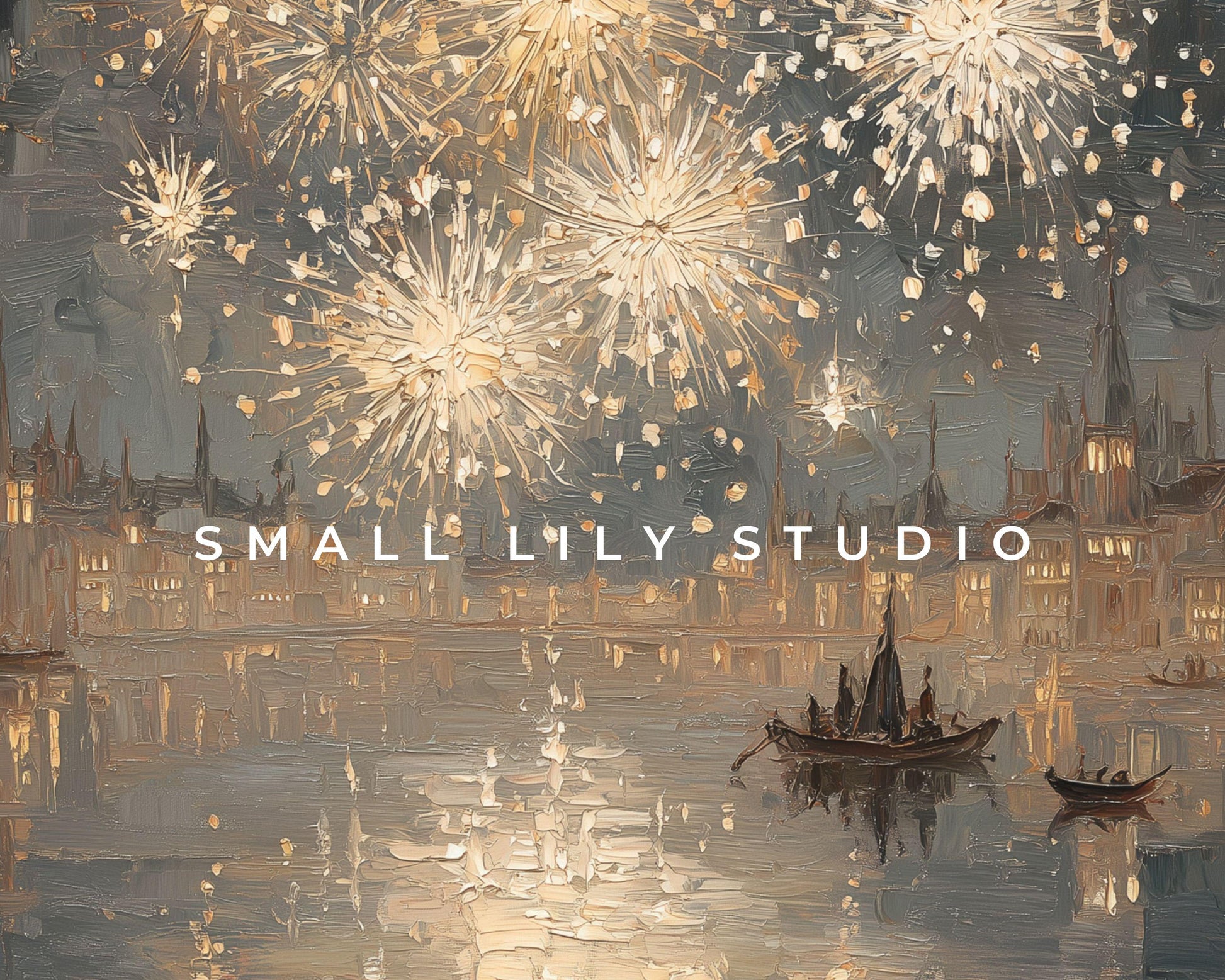 FRAME TV art Gold Fireworks over River, Samsung Frame TV art New Years Celebration, Vintage Style Painting for Party| TV1071