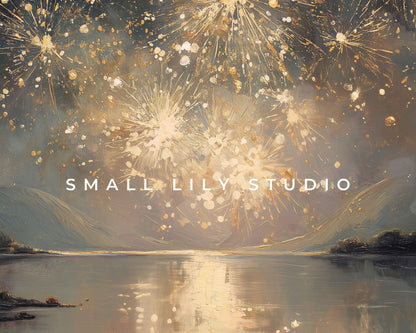 FRAME TV art Gold Fireworks over Lake, Samsung Frame TV art New Years Celebration, Vintage Style Painting for Party| TV1072