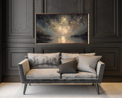 FRAME TV art Gold Fireworks over Lake, Samsung Frame TV art New Years Celebration, Vintage Style Painting for Party| TV1072