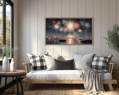 FRAME TV art Red White and Blue Fireworks, Samsung Frame TV art New Years Celebration, Vintage Style Patriotic 4th of July Party| TV1074