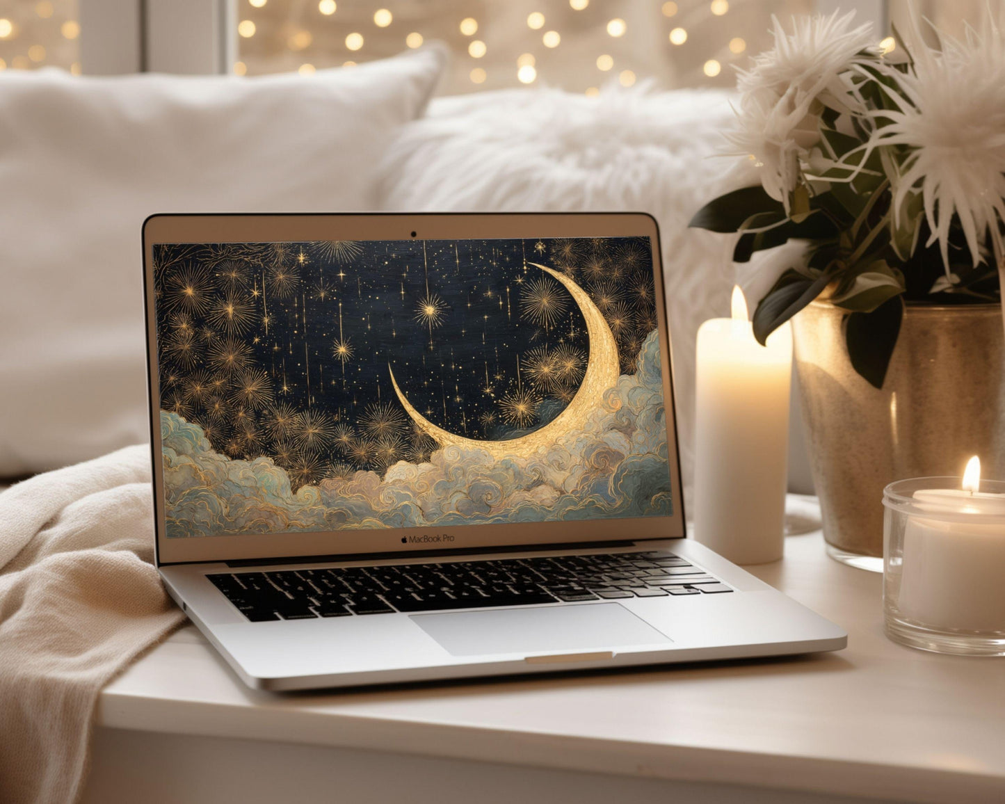 Gold Moon and Stars Desktop Wallpaper Set, New Years Phone Wallpaper, Art Deco Gatsby iPhone Wallpaper, Aesthetic iPad Background | WS154