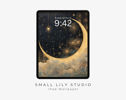Gold Moon and Stars iPad Wallpaper, New Years iPad Background, Art Deco Gatsby Tablet Wallpaper, Aesthetic Vintage Style Painting | WT154