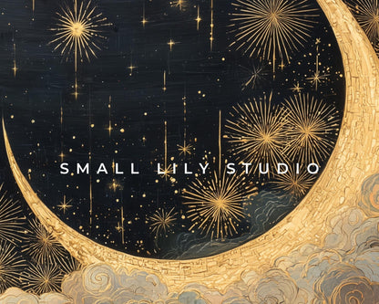 Gold Moon and Stars iPad Wallpaper, New Years iPad Background, Art Deco Gatsby Tablet Wallpaper, Aesthetic Vintage Style Painting | WT154