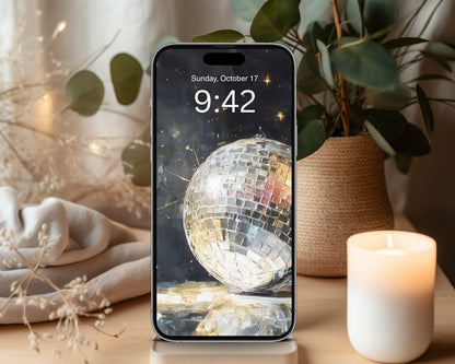 Mirrorball Phone Wallpaper, New Years iPhone Wallpaper, Party Samsung Galaxy Phone Background, Retro Art | WP152
