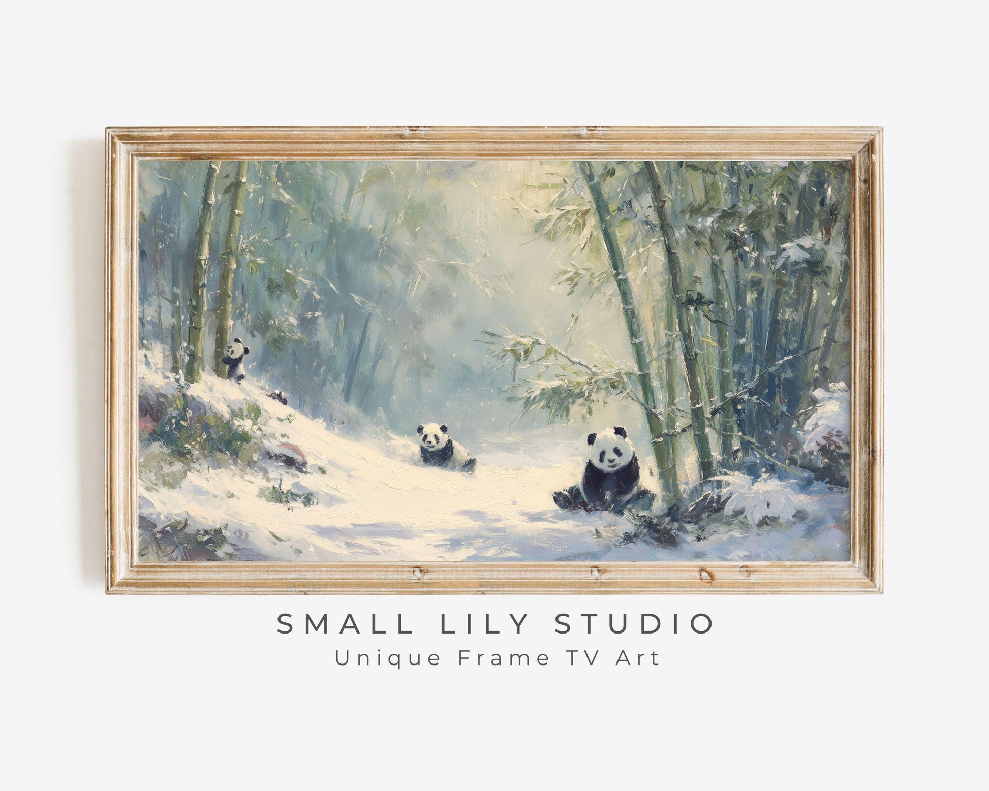 FRAME TV art Panda Family, Samsung Frame TV art Winter Landscape, Vintage Style Painting Cute Animals in Snow | TV1098