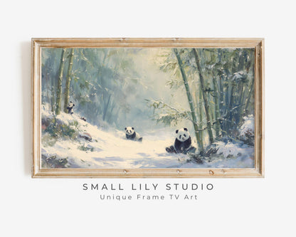 FRAME TV art Panda Family, Samsung Frame TV art Winter Landscape, Vintage Style Painting Cute Animals in Snow | TV1098