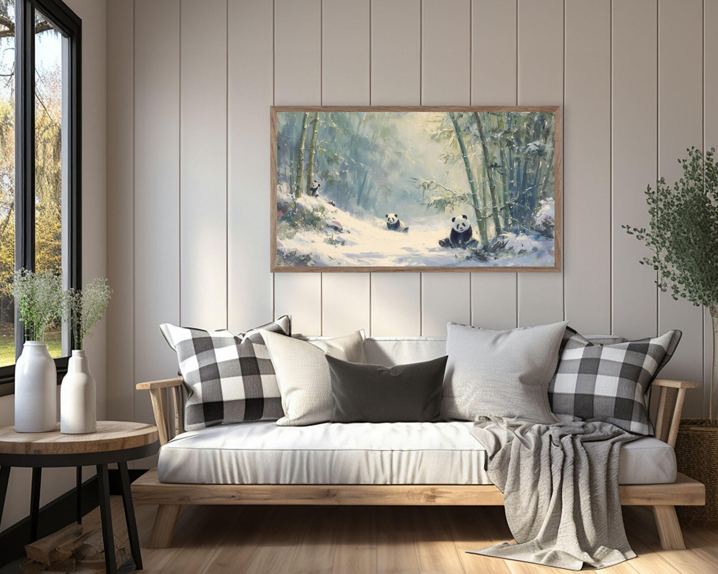 FRAME TV art Panda Family, Samsung Frame TV art Winter Landscape, Vintage Style Painting Cute Animals in Snow | TV1098