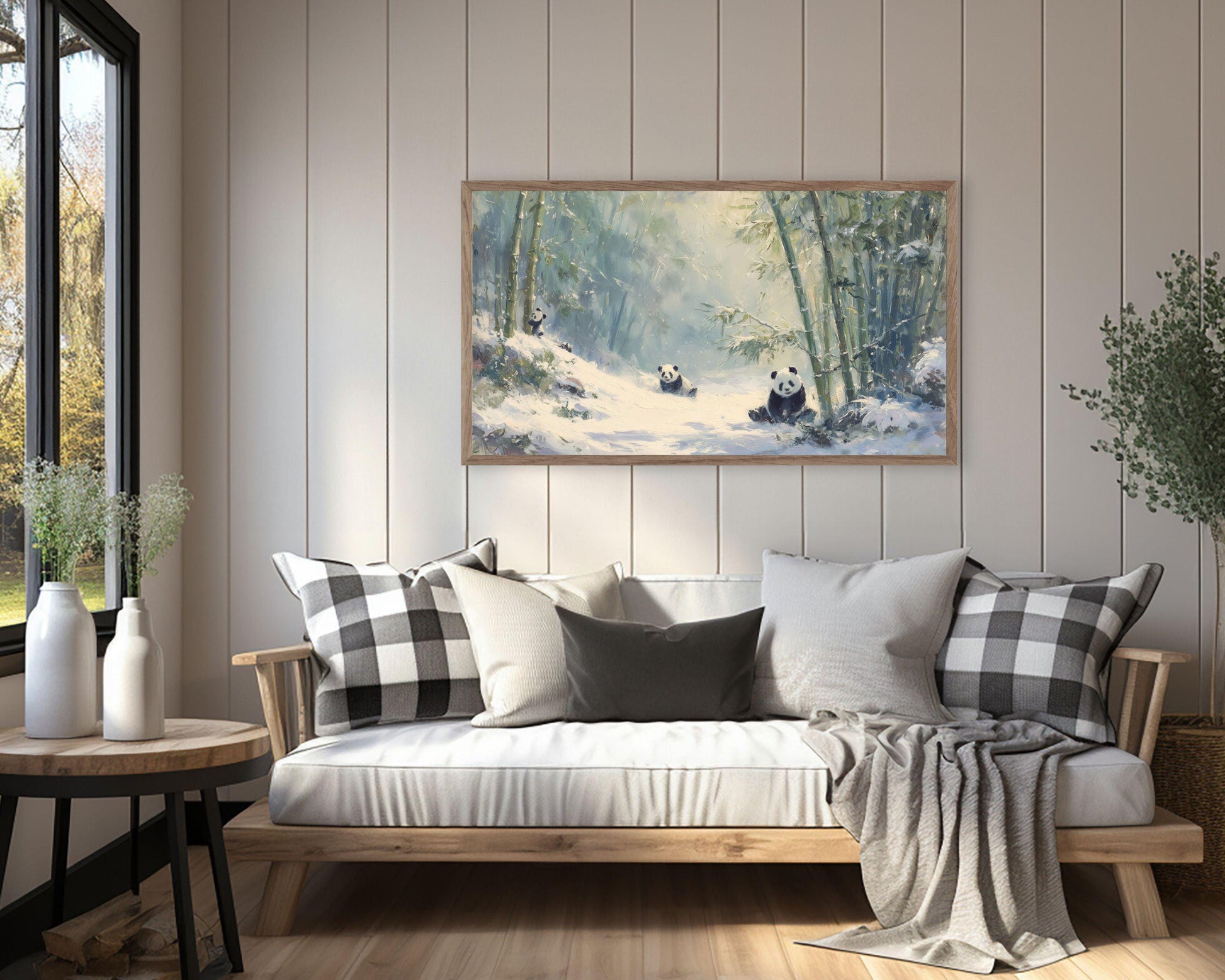 FRAME TV art Panda Family, Samsung Frame TV art Winter Landscape, Vintage Style Painting Cute Animals in Snow | TV1098