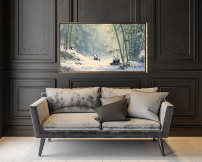 FRAME TV art Panda Family, Samsung Frame TV art Winter Landscape, Vintage Style Painting Cute Animals in Snow | TV1098