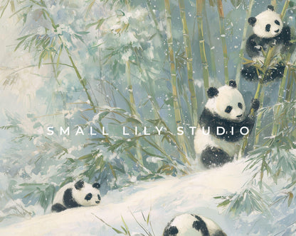 FRAME TV art Panda Family Playing in Snow, Samsung Frame TV art Winter Landscape, Vintage Style Painting Cute Animals | TV1099