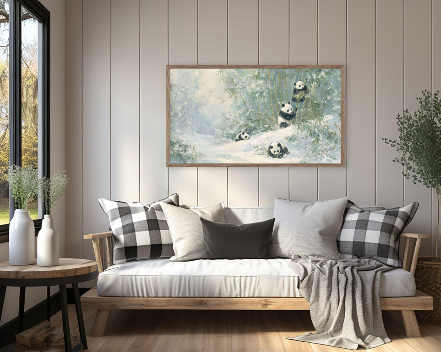 FRAME TV art Panda Family Playing in Snow, Samsung Frame TV art Winter Landscape, Vintage Style Painting Cute Animals | TV1099