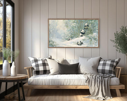 FRAME TV art Panda Family Playing in Snow, Samsung Frame TV art Winter Landscape, Vintage Style Painting Cute Animals | TV1099