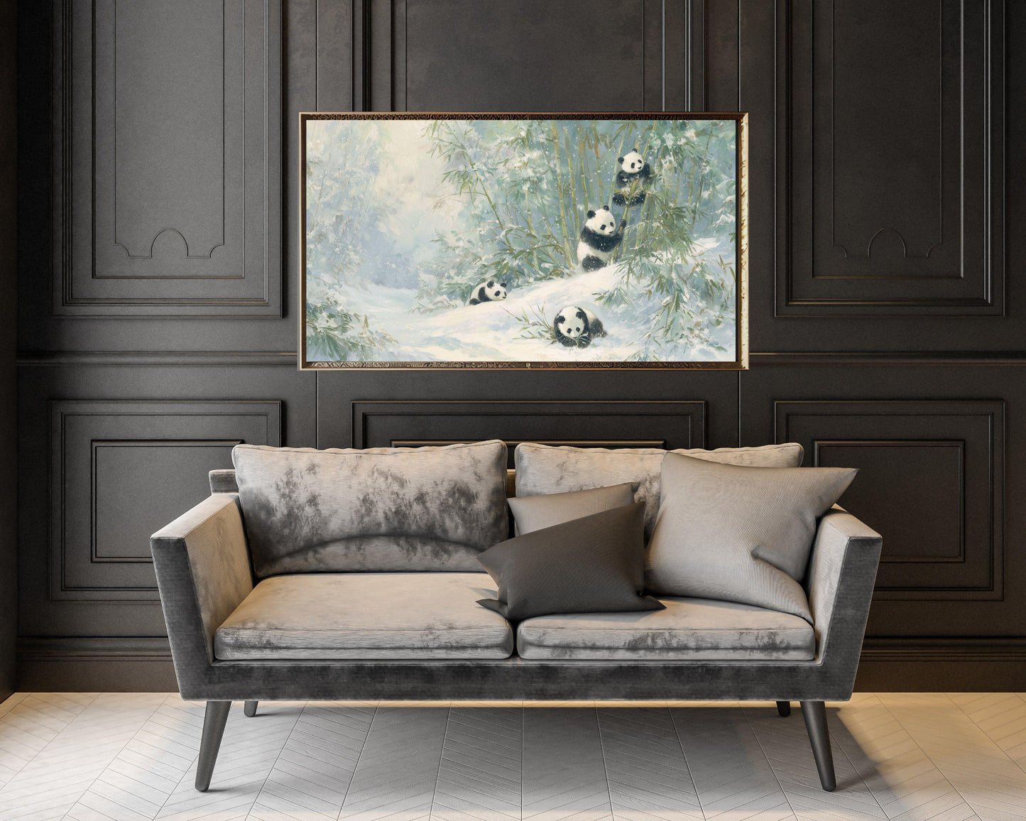 FRAME TV art Panda Family Playing in Snow, Samsung Frame TV art Winter Landscape, Vintage Style Painting Cute Animals | TV1099