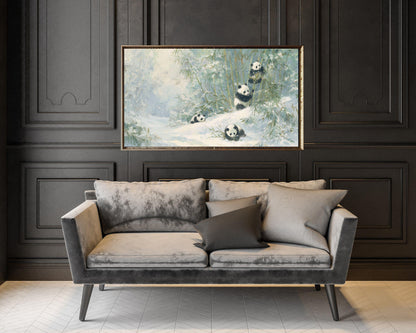 FRAME TV art Panda Family Playing in Snow, Samsung Frame TV art Winter Landscape, Vintage Style Painting Cute Animals | TV1099