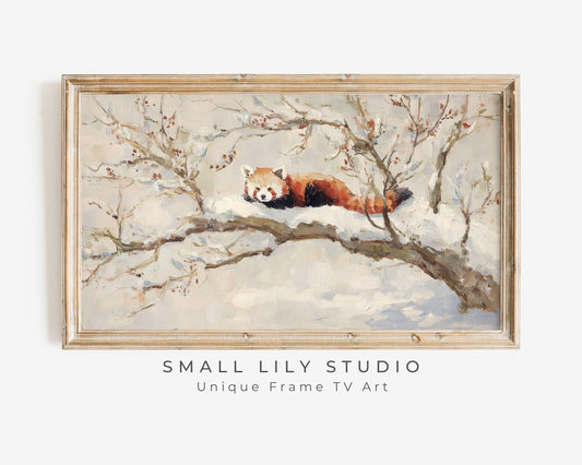 FRAME TV art Red Panda, Samsung Frame TV art Winter Tree, Vintage Style Painting Cute Animal | TV1100
