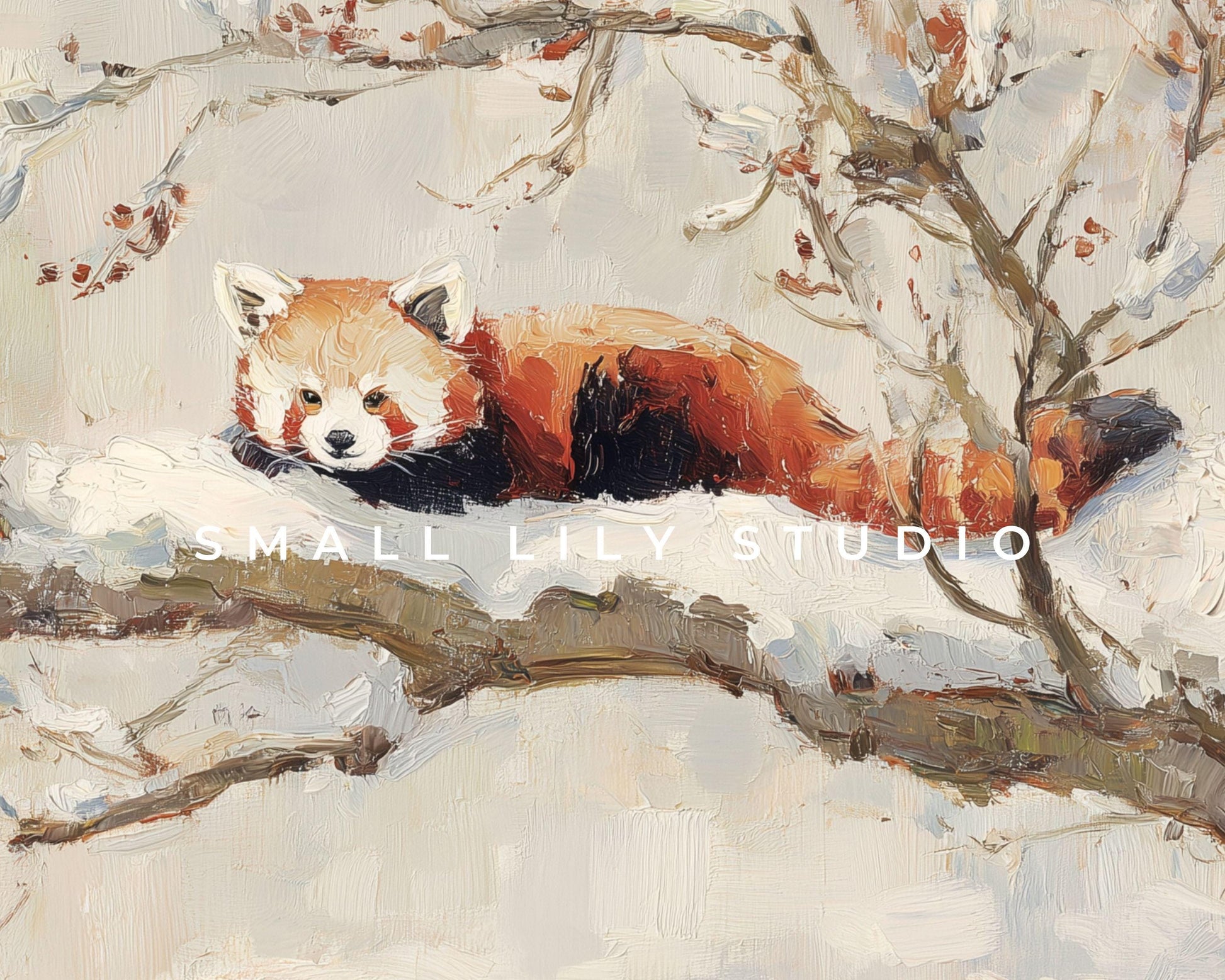 FRAME TV art Red Panda, Samsung Frame TV art Winter Tree, Vintage Style Painting Cute Animal | TV1100