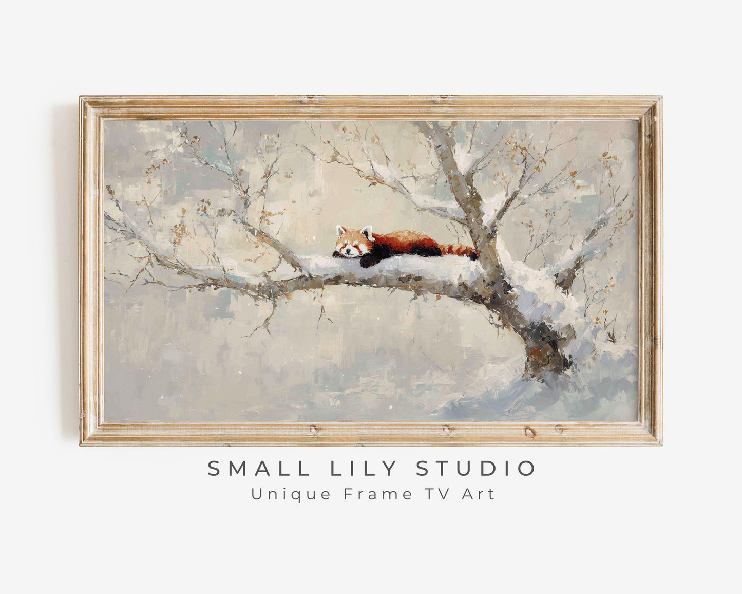 FRAME TV art Red Panda in Tree, Samsung Frame TV art Winter Landscape, Vintage Style Painting Cute Animal | TV1101