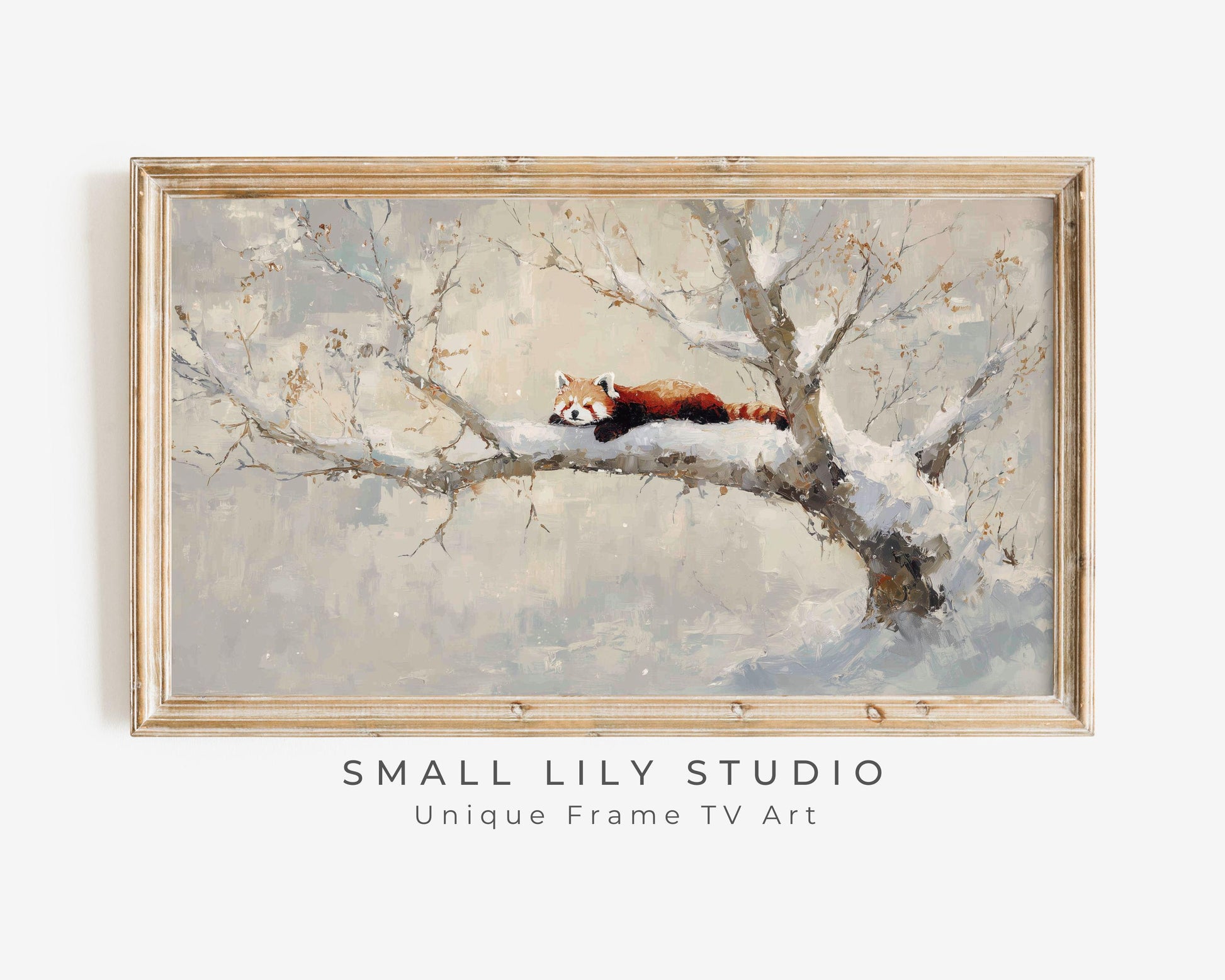 FRAME TV art Red Panda in Tree, Samsung Frame TV art Winter Landscape, Vintage Style Painting Cute Animal | TV1101