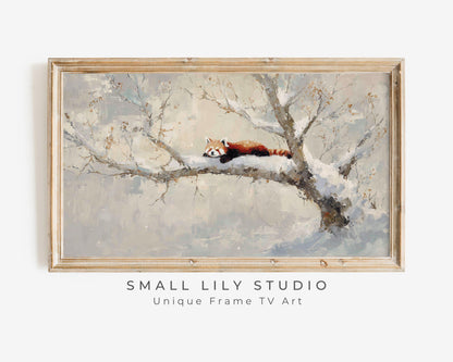 FRAME TV art Red Panda in Tree, Samsung Frame TV art Winter Landscape, Vintage Style Painting Cute Animal | TV1101