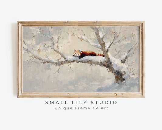 FRAME TV art Red Panda in Tree, Samsung Frame TV art Winter Landscape, Vintage Style Painting Cute Animal | TV1101