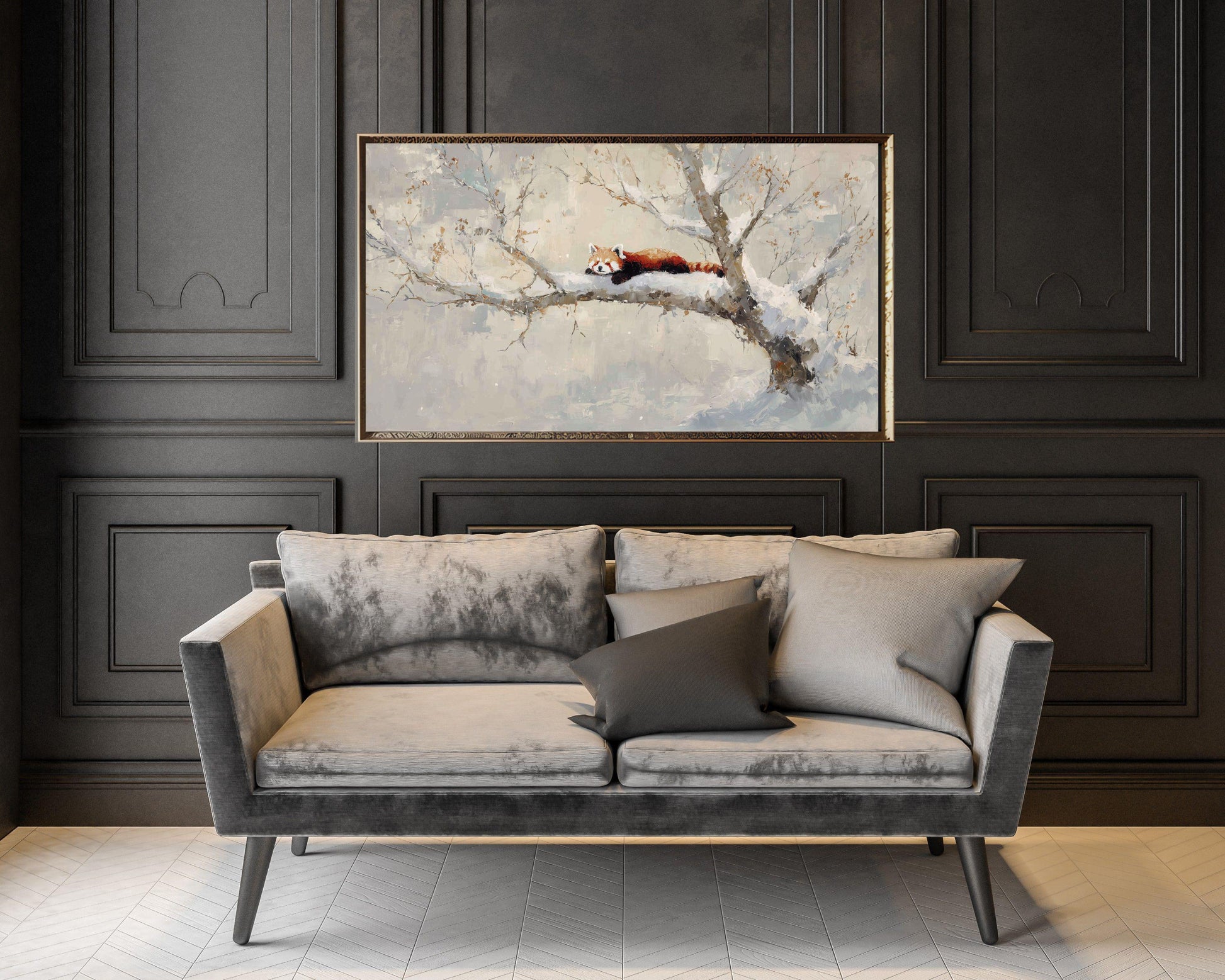 FRAME TV art Red Panda in Tree, Samsung Frame TV art Winter Landscape, Vintage Style Painting Cute Animal | TV1101