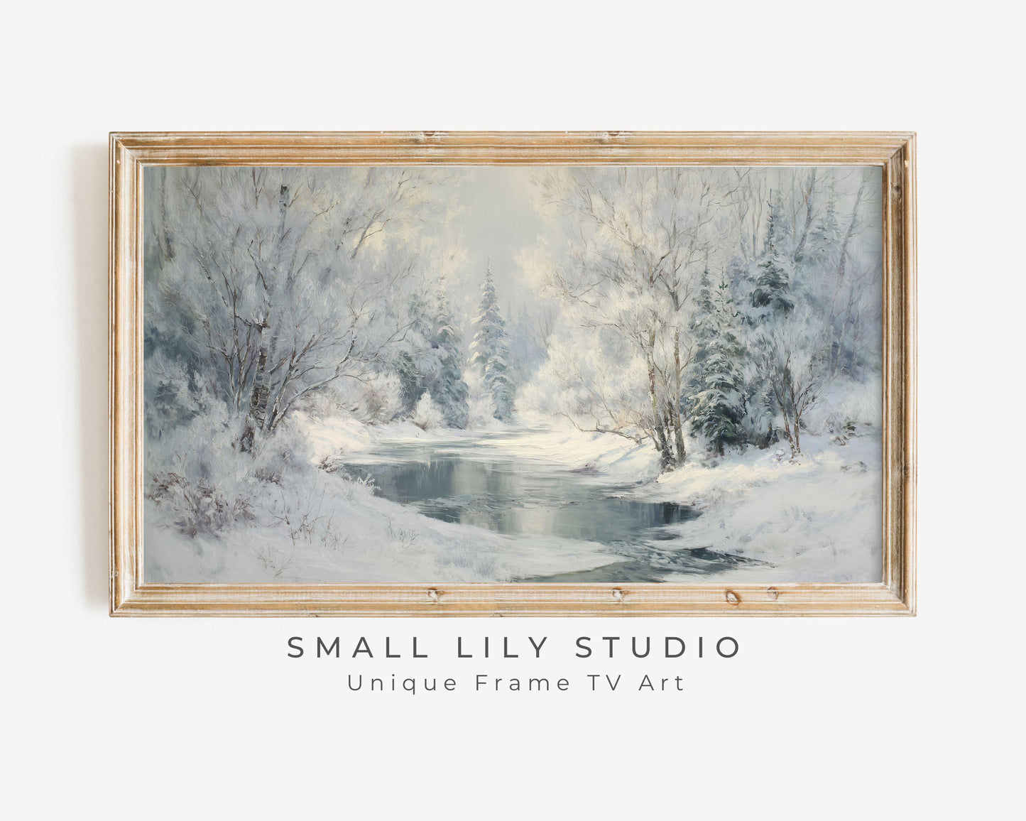 FRAME TV art Winter Landscape, Samsung Frame TV art Frozen Stream, Vintage Style Painting Snowy Scenery | TV1103