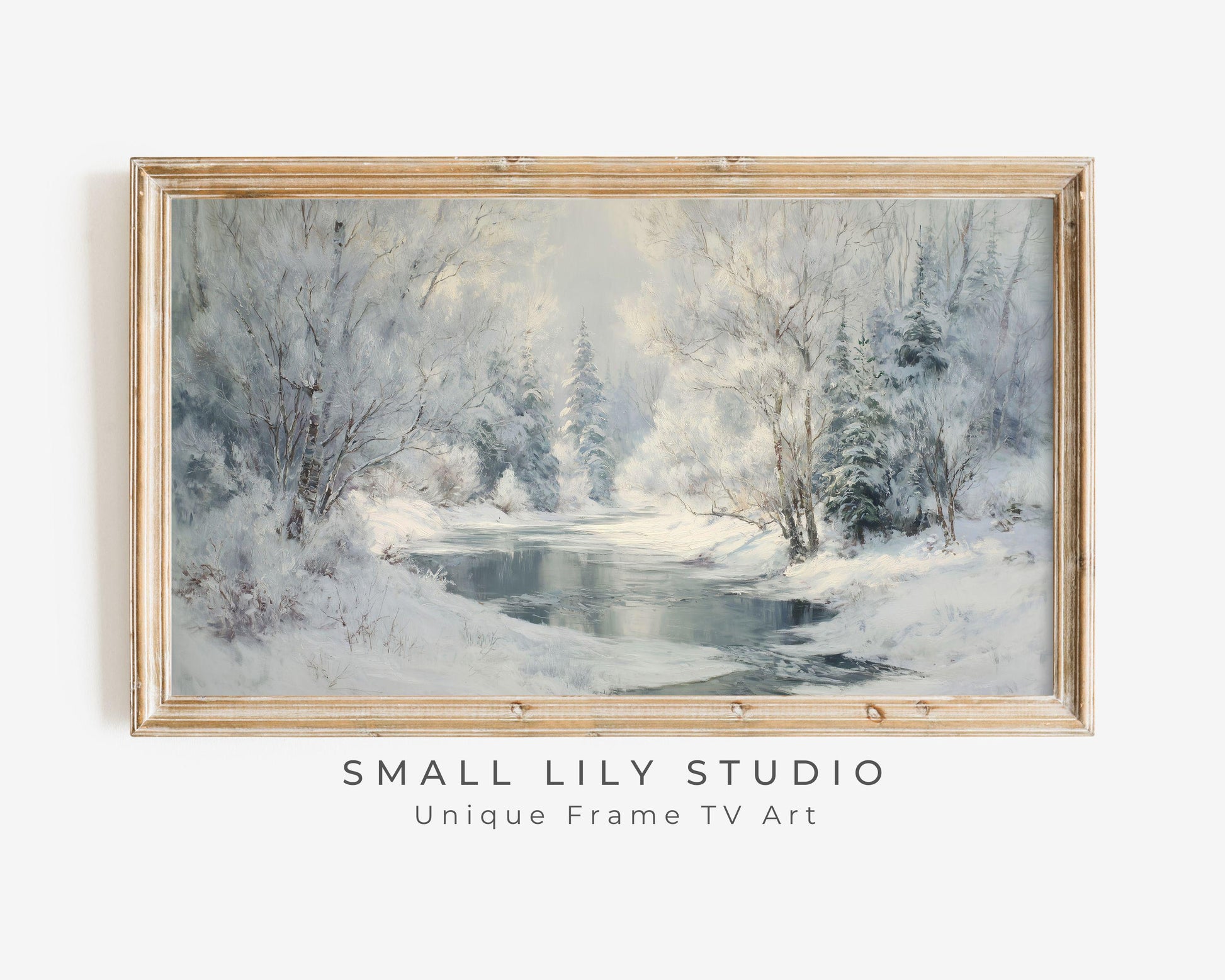 FRAME TV art Winter Landscape, Samsung Frame TV art Frozen Stream, Vintage Style Painting Snowy Scenery | TV1103