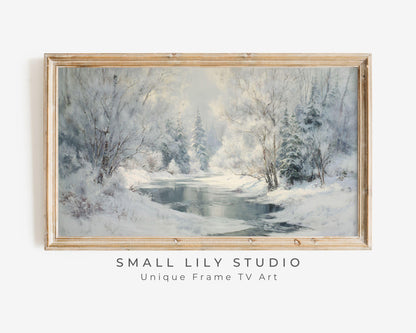 FRAME TV art Winter Landscape, Samsung Frame TV art Frozen Stream, Vintage Style Painting Snowy Scenery | TV1103
