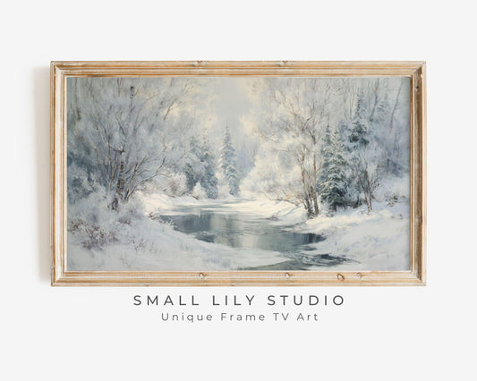 FRAME TV art Winter Landscape, Samsung Frame TV art Frozen Stream, Vintage Style Painting Snowy Scenery | TV1103