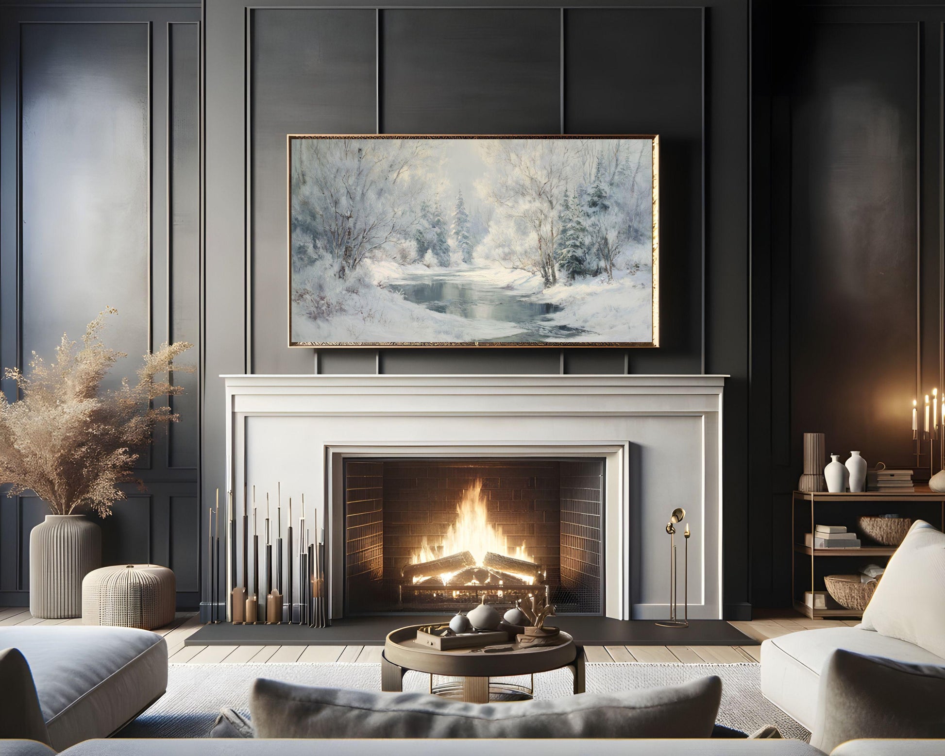 FRAME TV art Winter Landscape, Samsung Frame TV art Frozen Stream, Vintage Style Painting Snowy Scenery | TV1103