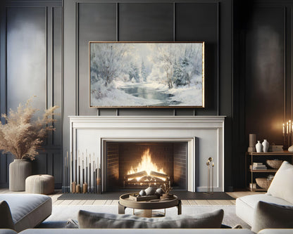 FRAME TV art Winter Landscape, Samsung Frame TV art Frozen Stream, Vintage Style Painting Snowy Scenery | TV1103