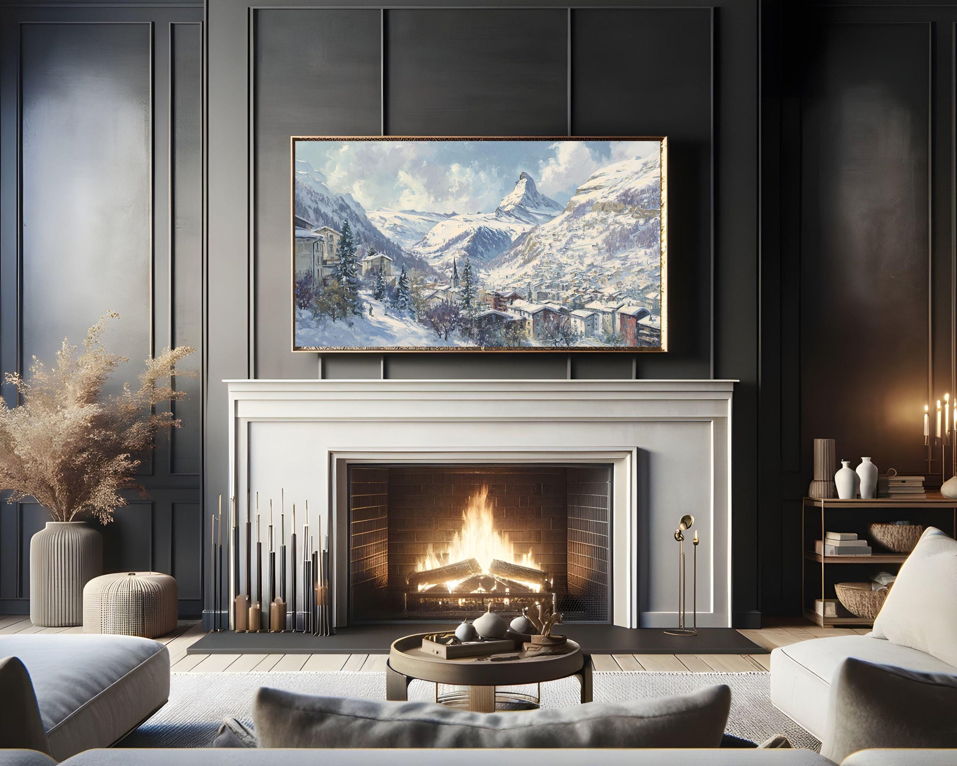 FRAME TV art Zermatt in Winter, Samsung Frame TV art Swiss Alps, Vintage Style Painting Alpine Ski Village | TV1104