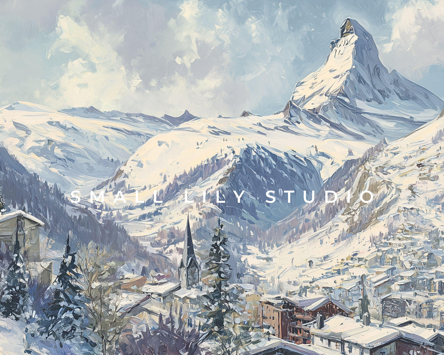 FRAME TV art Zermatt in Winter, Samsung Frame TV art Swiss Alps, Vintage Style Painting Alpine Ski Village | TV1104