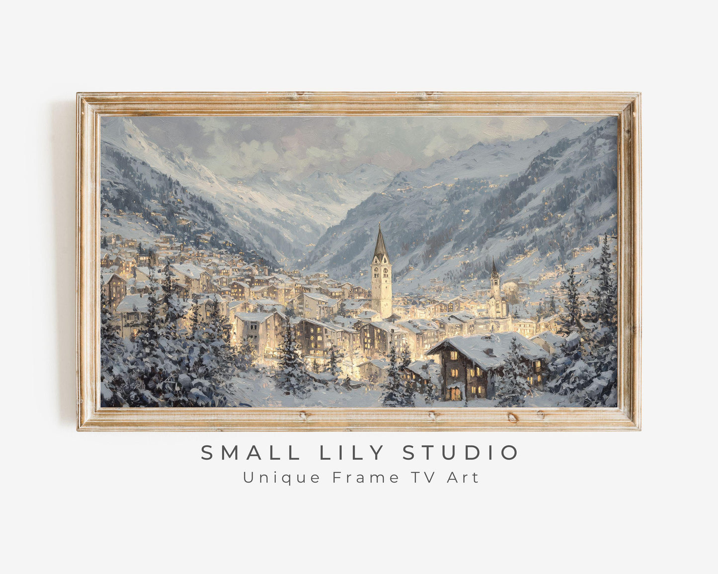 FRAME TV art Zermatt at Night, Samsung Frame TV art Swiss Alps in Winter, Vintage Style Painting Alpine Ski Village | TV1105