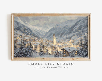 FRAME TV art Zermatt at Night, Samsung Frame TV art Swiss Alps in Winter, Vintage Style Painting Alpine Ski Village | TV1105