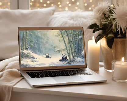 Pandas Desktop Wallpaper Set, Winter Phone Wallpaper, Cute Animals iPhone Wallpaper, Aesthetic iPad Background Vintage Style | WS166