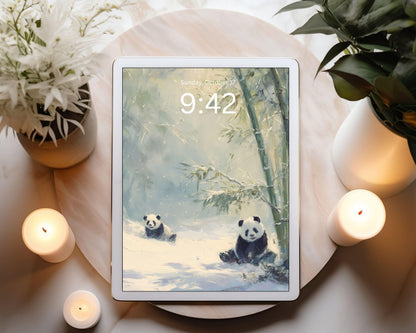 Pandas Desktop Wallpaper Set, Winter Phone Wallpaper, Cute Animals iPhone Wallpaper, Aesthetic iPad Background Vintage Style | WS166