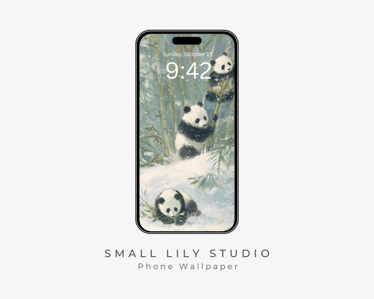 Pandas Phone Wallpaper, Winter iPhone Wallpaper, Cute Animals Samsung Galaxy Phone Background, Vintage Style Art | WP167