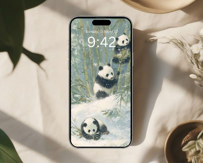 Pandas Phone Wallpaper, Winter iPhone Wallpaper, Cute Animals Samsung Galaxy Phone Background, Vintage Style Art | WP167