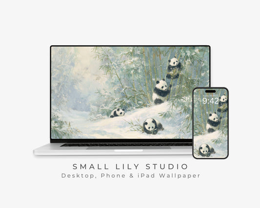 Pandas Desktop Wallpaper Set, Winter Phone Wallpaper, Cute Animals iPhone Wallpaper, Aesthetic iPad Background Vintage Style | WS167