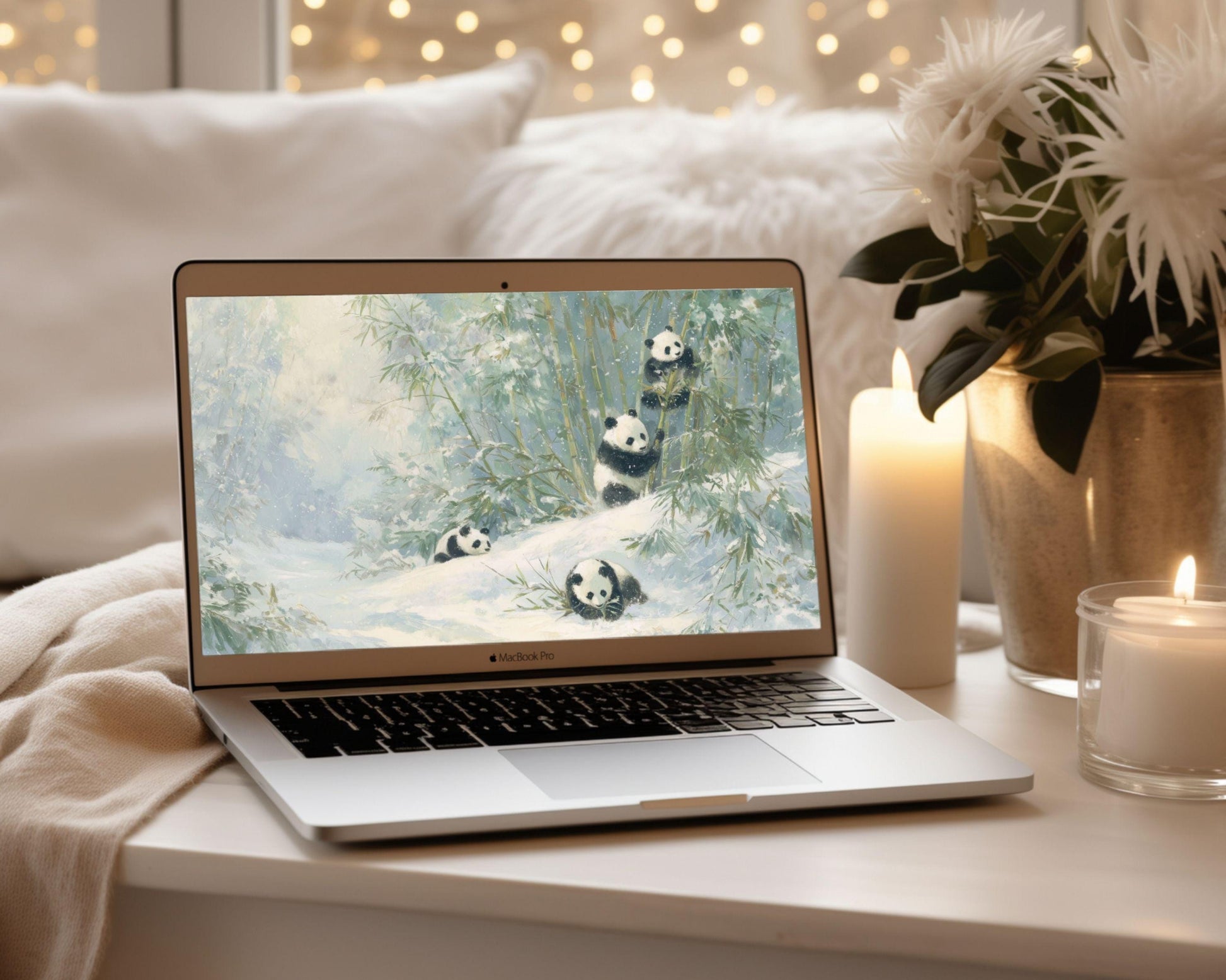 Pandas Desktop Wallpaper Set, Winter Phone Wallpaper, Cute Animals iPhone Wallpaper, Aesthetic iPad Background Vintage Style | WS167