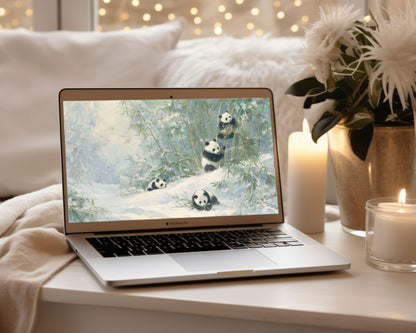 Pandas Desktop Wallpaper Set, Winter Phone Wallpaper, Cute Animals iPhone Wallpaper, Aesthetic iPad Background Vintage Style | WS167