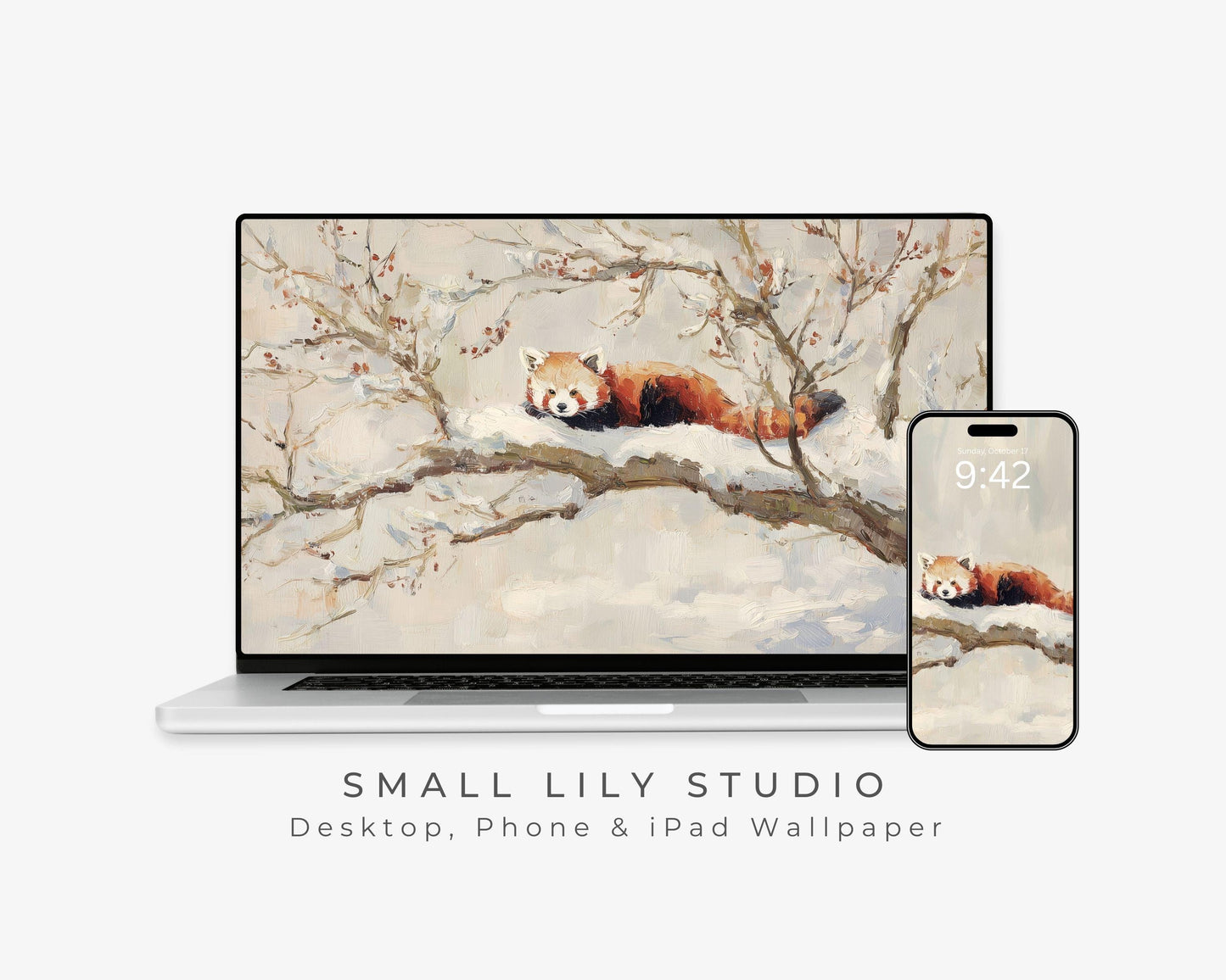 Red Panda Desktop Wallpaper Set, Winter Phone Wallpaper, Cute Animal iPhone Wallpaper, Aesthetic iPad Background Vintage Style | WS168