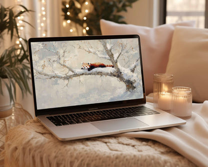 Red Panda Desktop Wallpaper, Winter Macbook Wallpaper, Cute Animal Laptop Background, Vintage Style Painting | WD169