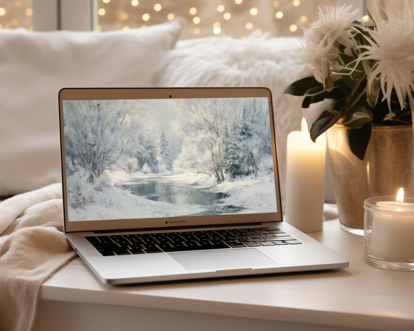 Winter Landscape Desktop Wallpaper, Frozen Stream Macbook Wallpaper, Snowy Laptop Background, Vintage Style Painting | WD170