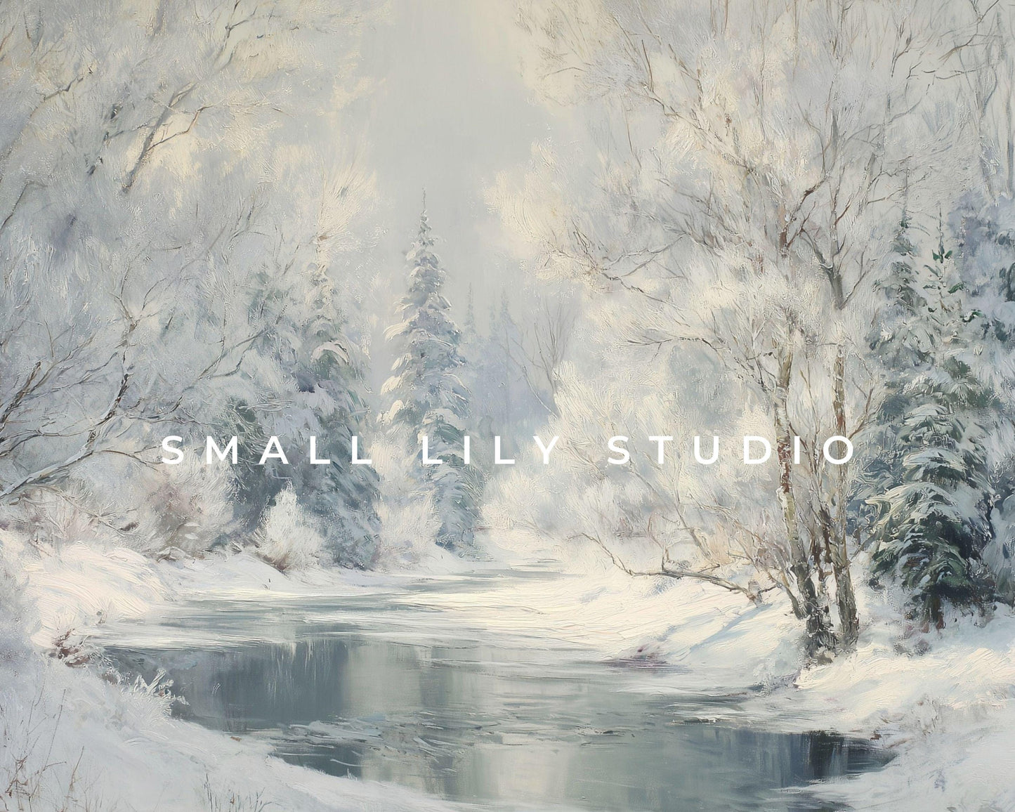 Winter Landscape Desktop Wallpaper, Frozen Stream Macbook Wallpaper, Snowy Laptop Background, Vintage Style Painting | WD170
