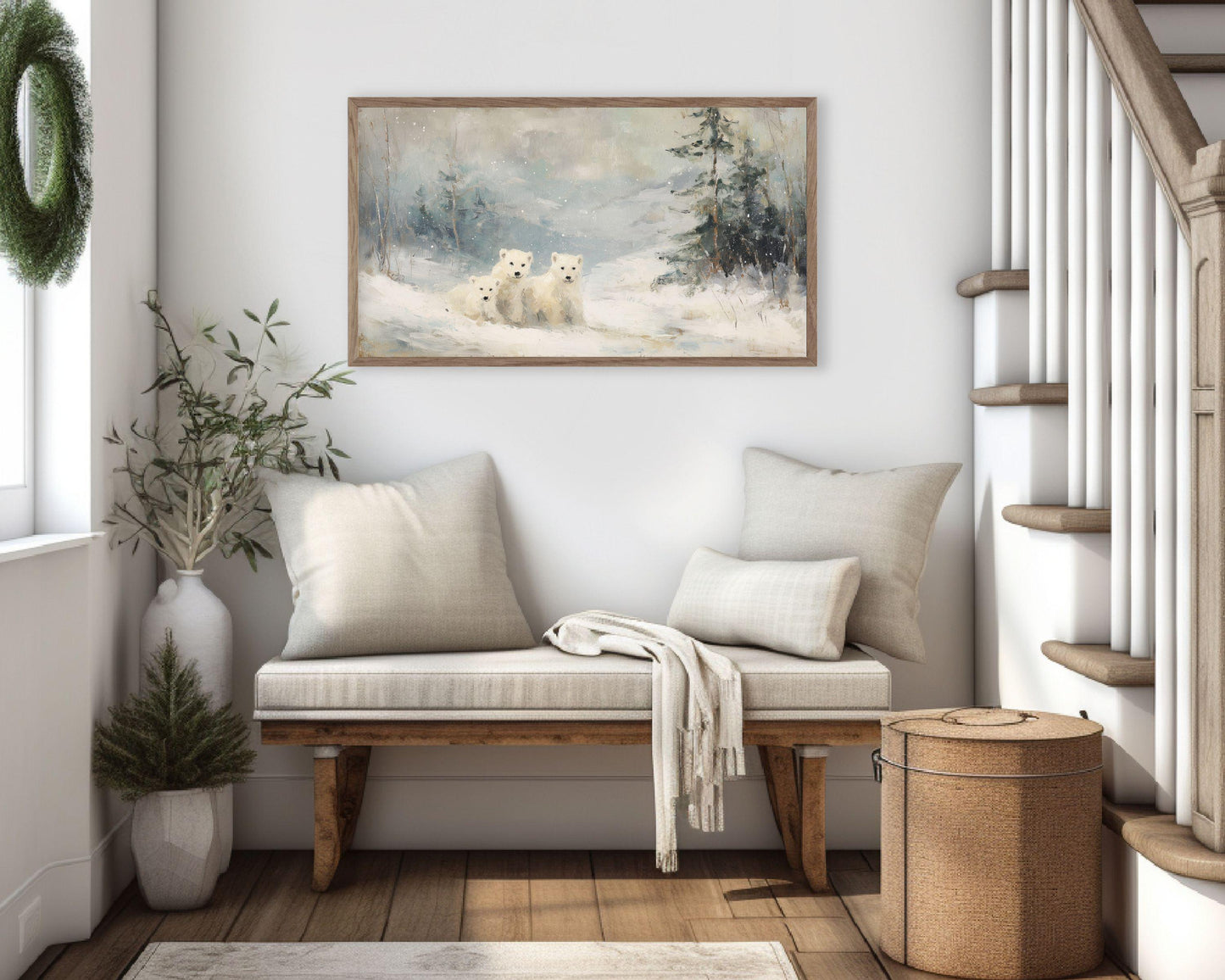 FRAME TV art Polar Bear Family, Samsung Frame TV art Winter Landscape, Vintage Style Painting Animals in Snow | TV1083