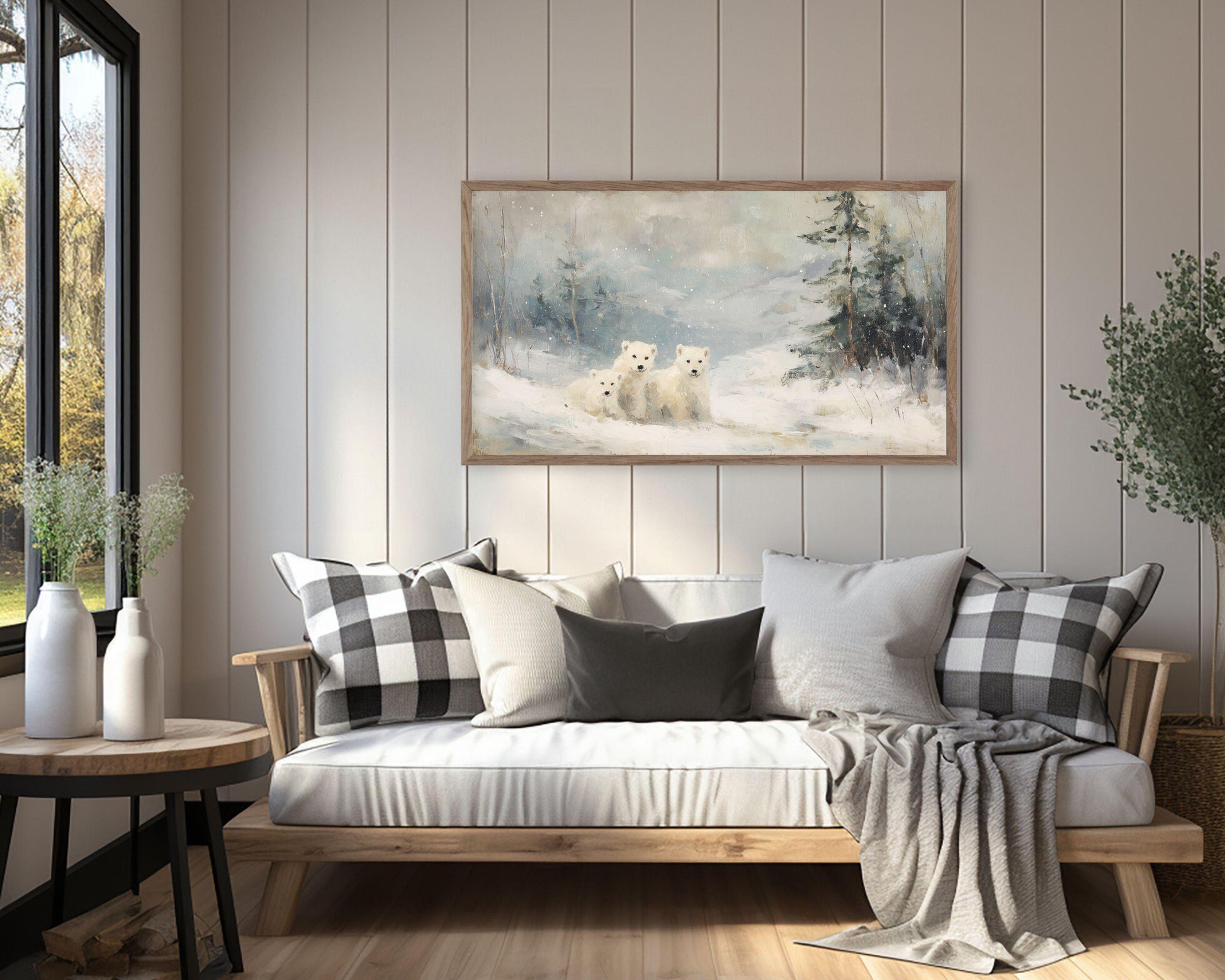 FRAME TV art Polar Bear Family, Samsung Frame TV art Winter Landscape, Vintage Style Painting Animals in Snow | TV1083